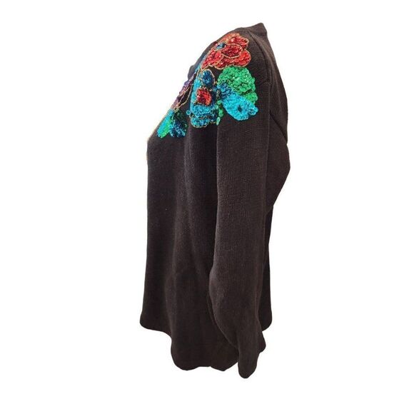 Vintage 80s SML Glitz Black Sequins Floral Pullover Sweater M Blue Red Purple - Picture 3 of 5